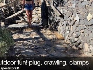 'Humiliating Painslut in Public Outdoor, Crawling, butt-plug & nip Clamps'