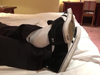 Masculine sundress boots, nikes, fun bags and milky socks shoeplay in a lovely motel