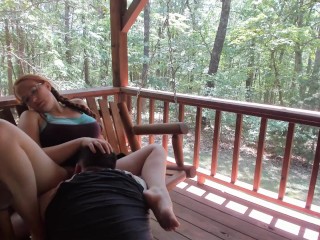 Outdoor Porch flapping gargle Job and cunny gobbling with Ginger cougar wifey With lengthy Braided Hair
