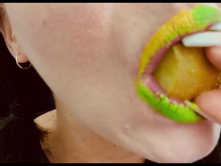 ASMR voluptuously licking Gold Kiwi Fruit throat Close Up Fetish by Pretty cougar Jemma Luv