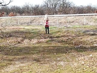 Tiny bitch takes off off Her crimson bondage suit on the Highway Part 1