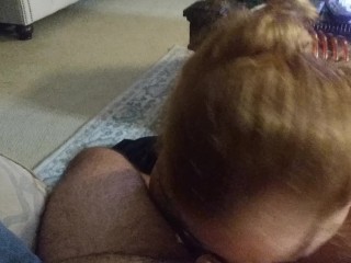 'BBW Ginger gives head to nephew while family is home'