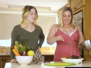 Bootylicious fur covered girl-girl and huge-boobed plus-size plow in the kitchen