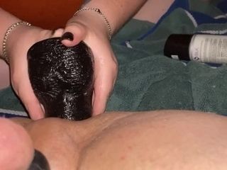 'Wife bangs sissy hubbies Sissypussy nutsack deep with big black cock dildo'