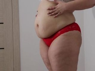 'BBW wiggles plunged abdomen and ample butt in underpants. Fetish.'