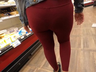 Wifey in watch thru Burgundy stockings and t-shirt in public