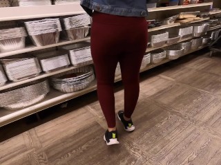 Wifey in watch thru Burgundy stockings and t-shirt in public