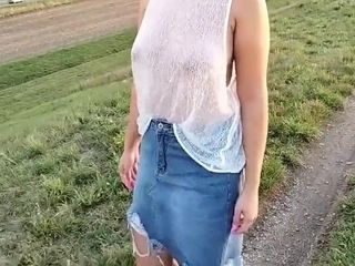 She shows Her boobs In Public. Translucent half-top