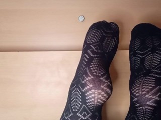 Mommy's handsome soles in lace fishnet stocking under the table PART 7